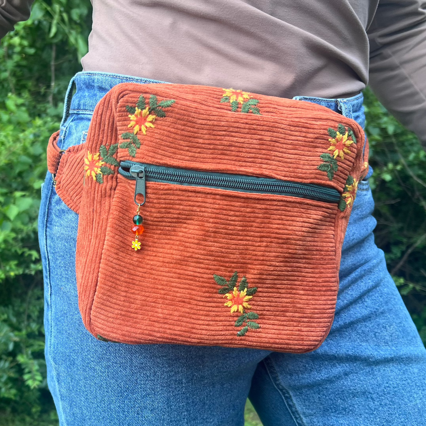 Sunflower Embroidered Corduroy - Adjustable Bag