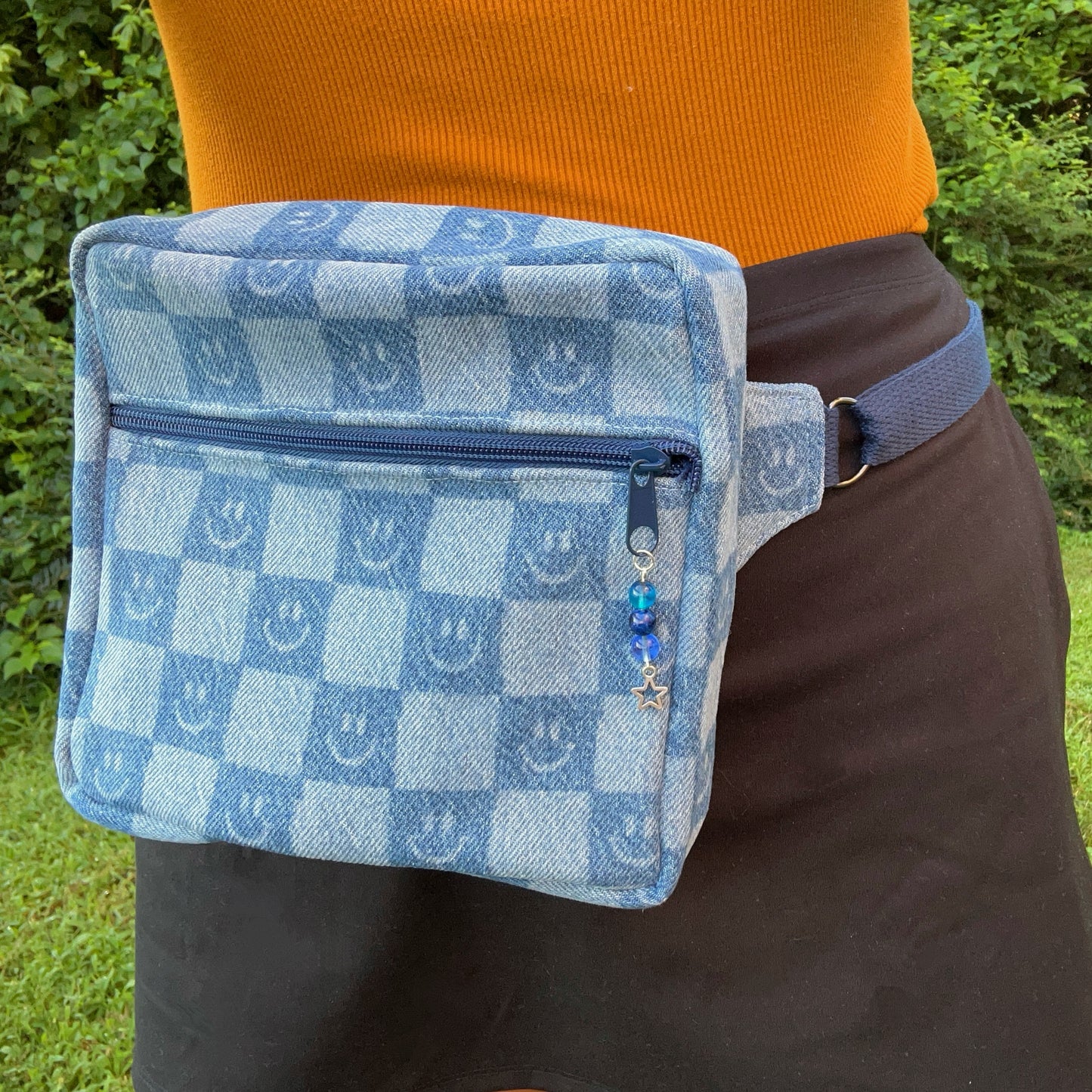 Smiley Face Checkered Denim - Back Pocket Adjustable Bag