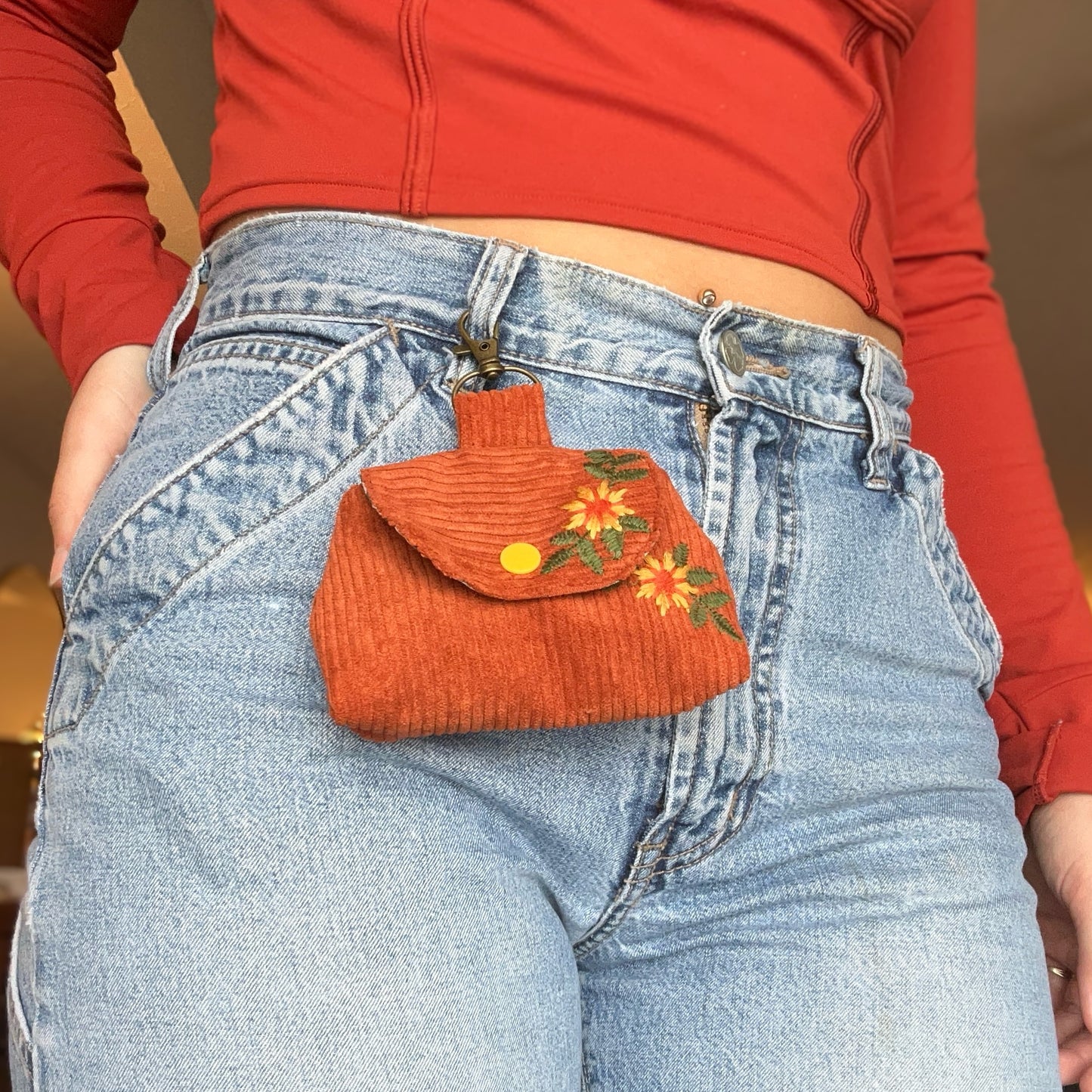Sunflower Embroidered Corduroy - Clip-On Mini Pouch