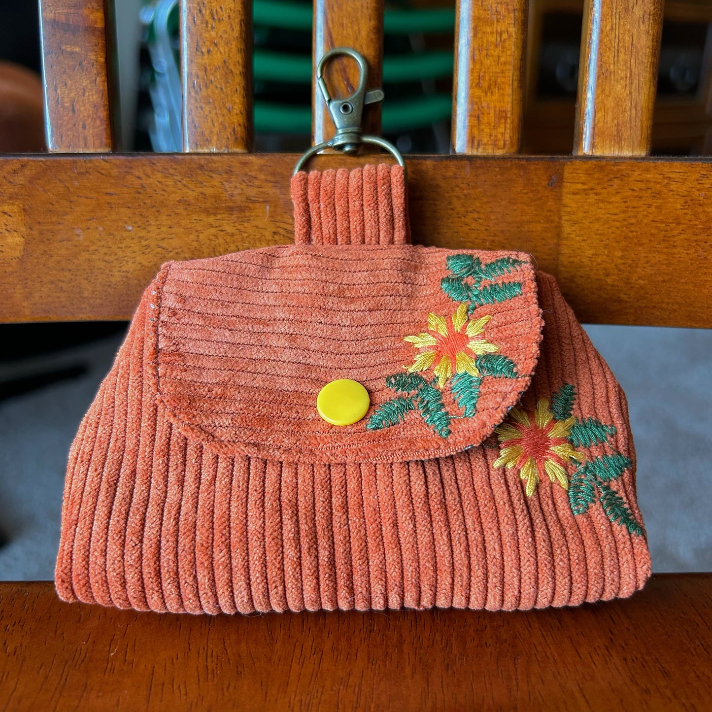 Sunflower Embroidered Corduroy - Clip-On Mini Pouch