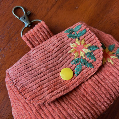 Sunflower Embroidered Corduroy - Clip-On Mini Pouch