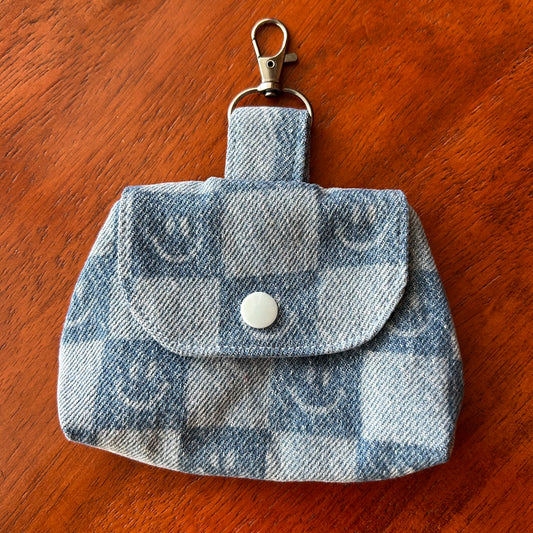 Smiley Face Checkerboard Denim - Clip-On Mini Pouch