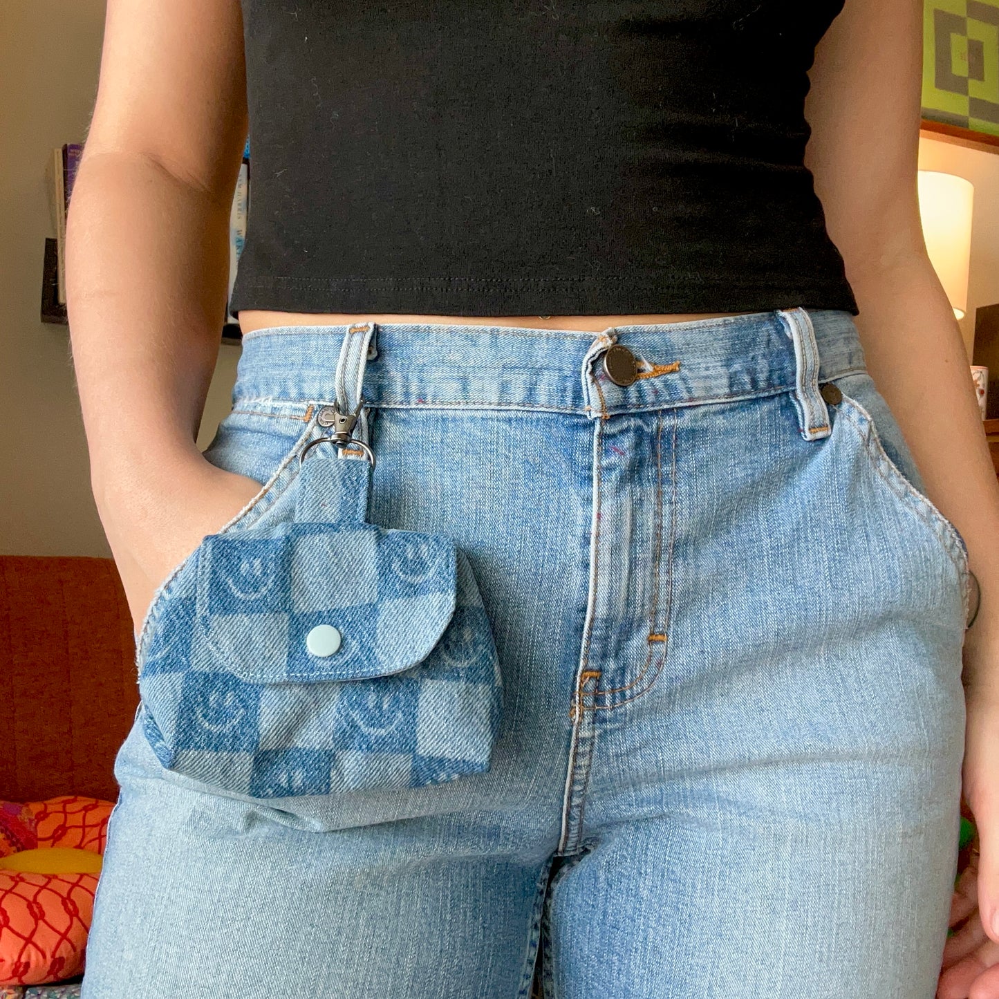 Smiley Face Checkerboard Denim - Clip-On Mini Pouch
