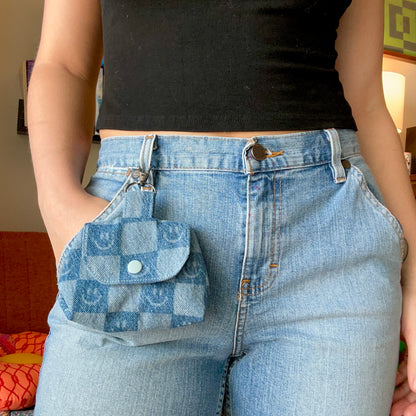 Smiley Face Checkerboard Denim - Clip-On Mini Pouch
