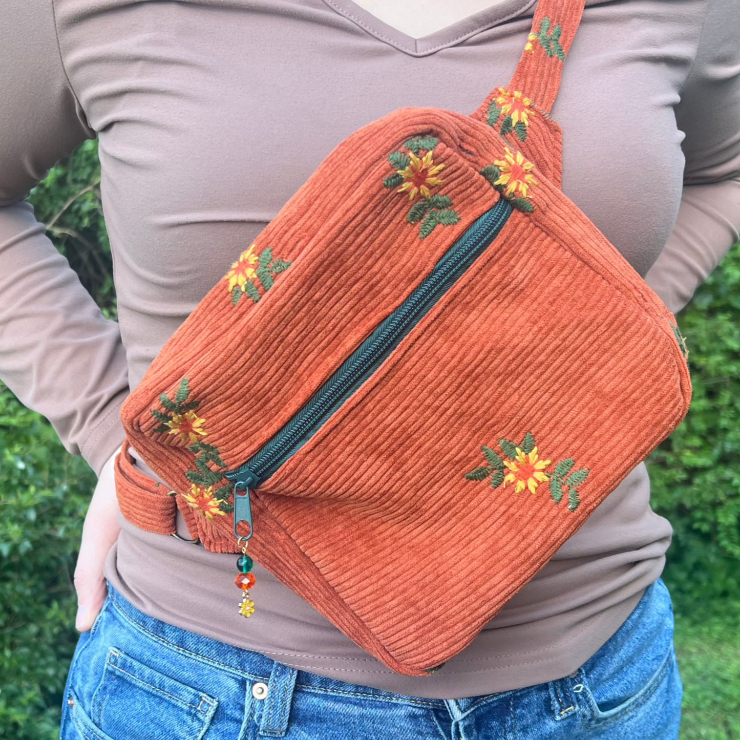 Sunflower Embroidered Corduroy - Adjustable Bag