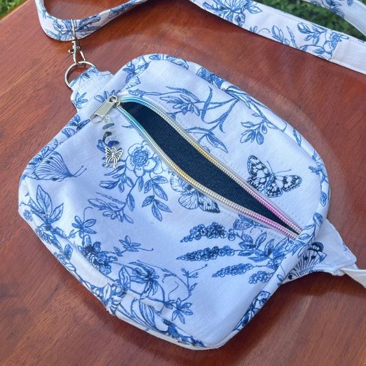 White Denim – Floral Butterfly Adjustable Bag