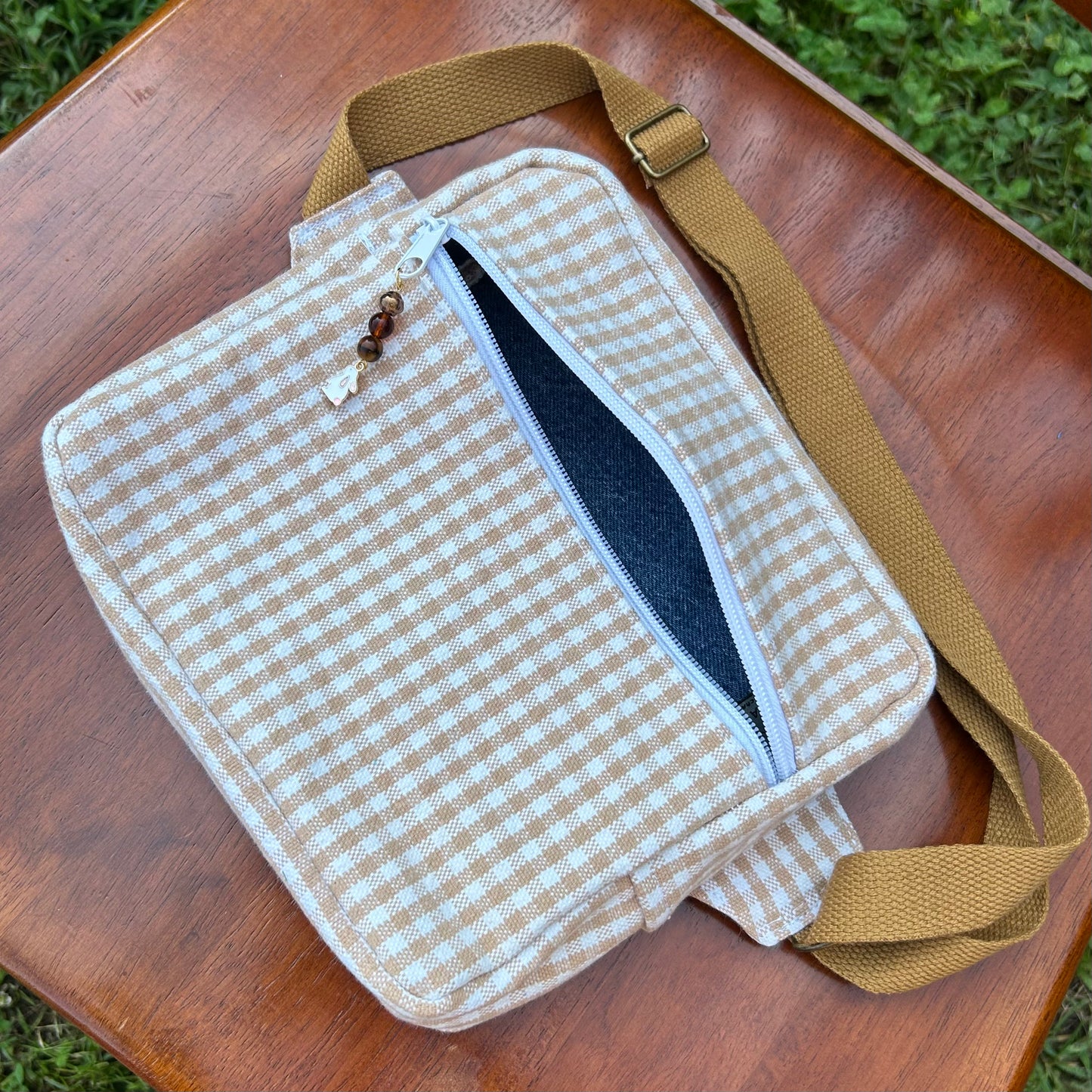 Checkerboard Denim - White/Tan Adjustable Bag