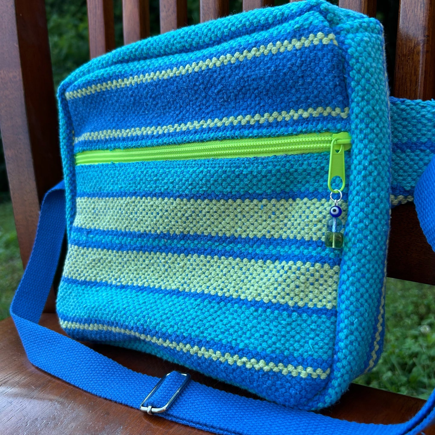 Blue/Green Woven Adjustable Bag