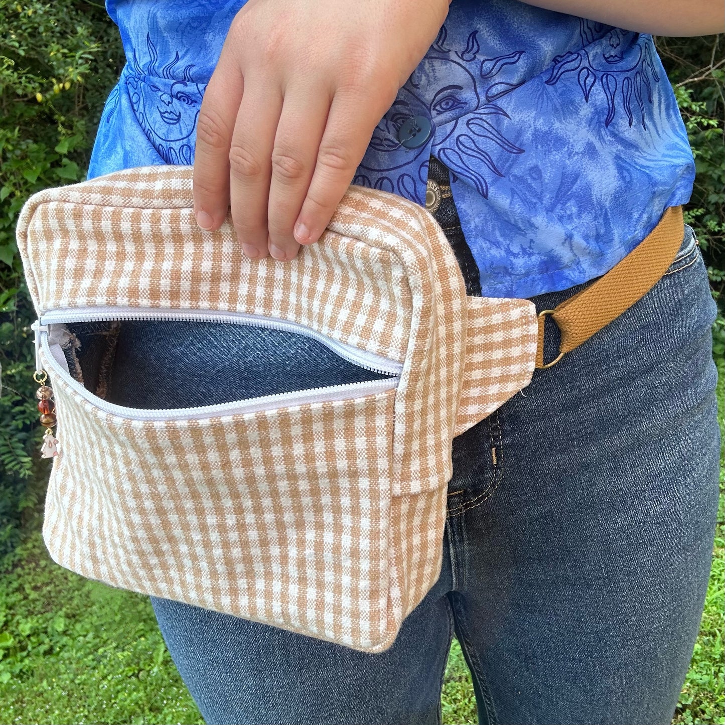 Checkerboard Denim - White/Tan Adjustable Bag