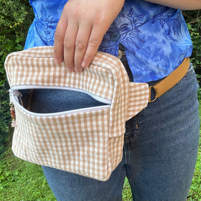 Checkerboard Denim - White/Tan Adjustable Bag