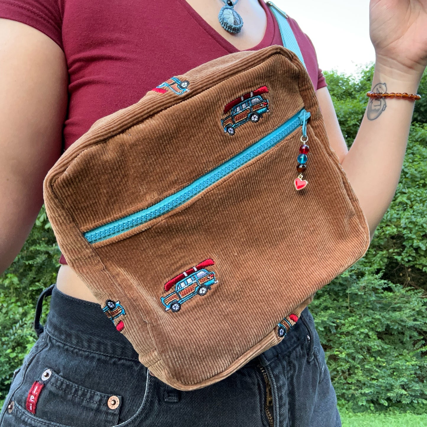 Retro Car Embroidered Corduroy - Adjustable Bag