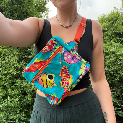 Funky Fish Cotton Button-Down - Shirt Pocket Adjustable Bag