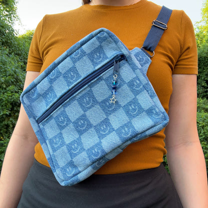 Smiley Face Checkered Denim - Back Pocket Adjustable Bag