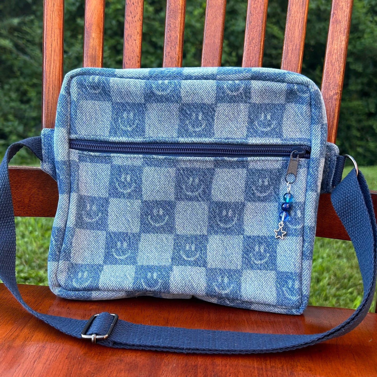 Smiley Face Checkered Denim - Back Pocket Adjustable Bag