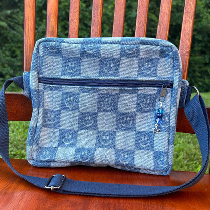 Smiley Face Checkered Denim - Back Pocket Adjustable Bag