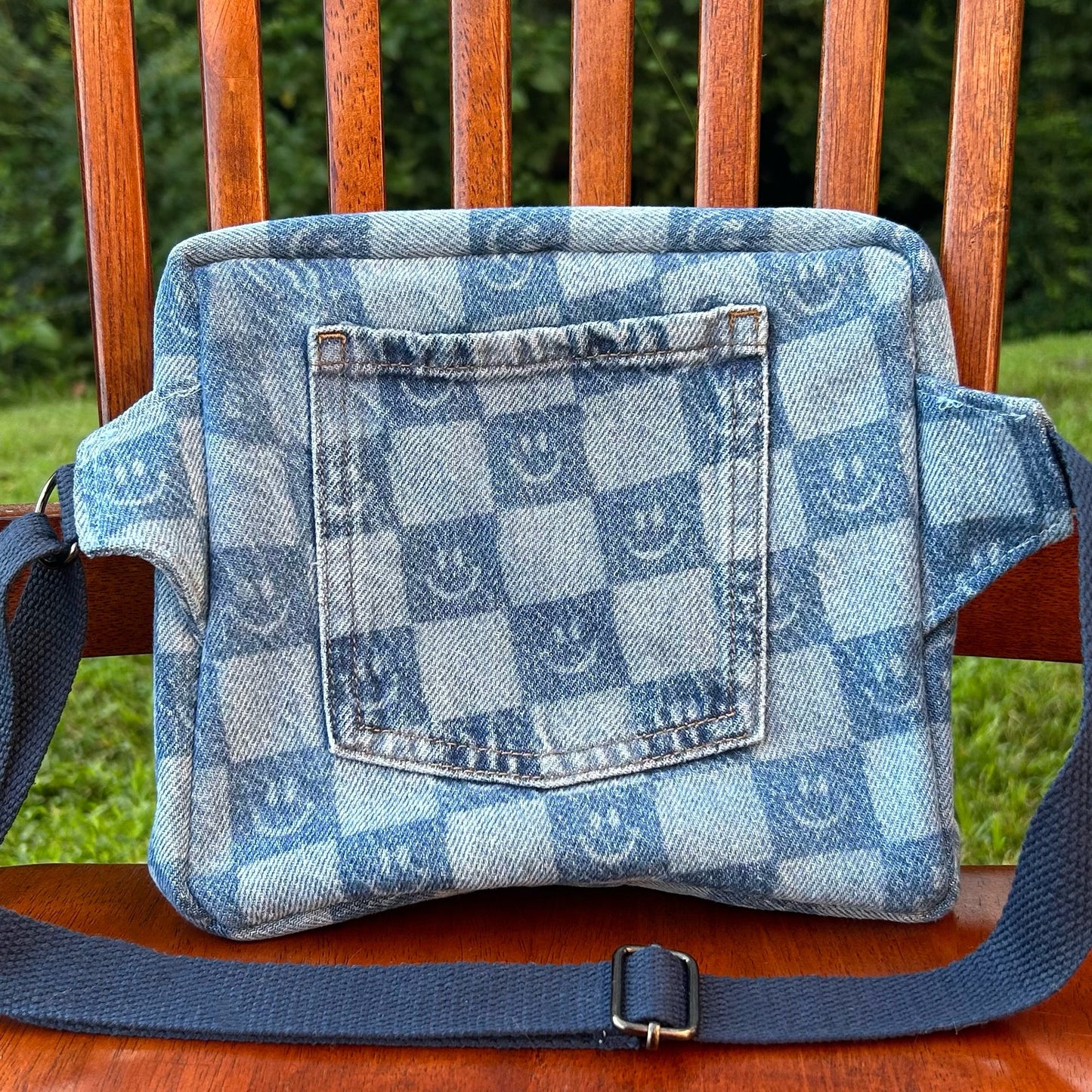 Smiley Face Checkered Denim - Back Pocket Adjustable Bag