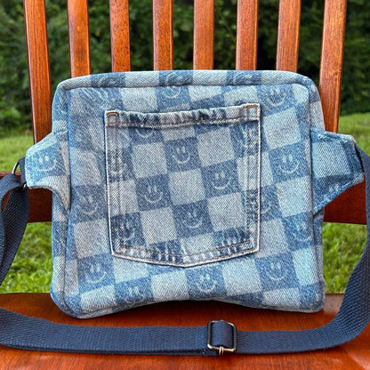 Smiley Face Checkered Denim - Back Pocket Adjustable Bag