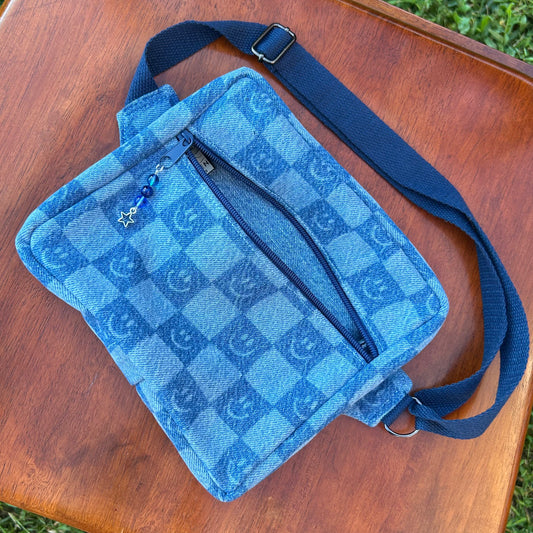 Smiley Face Checkered Denim - Back Pocket Adjustable Bag