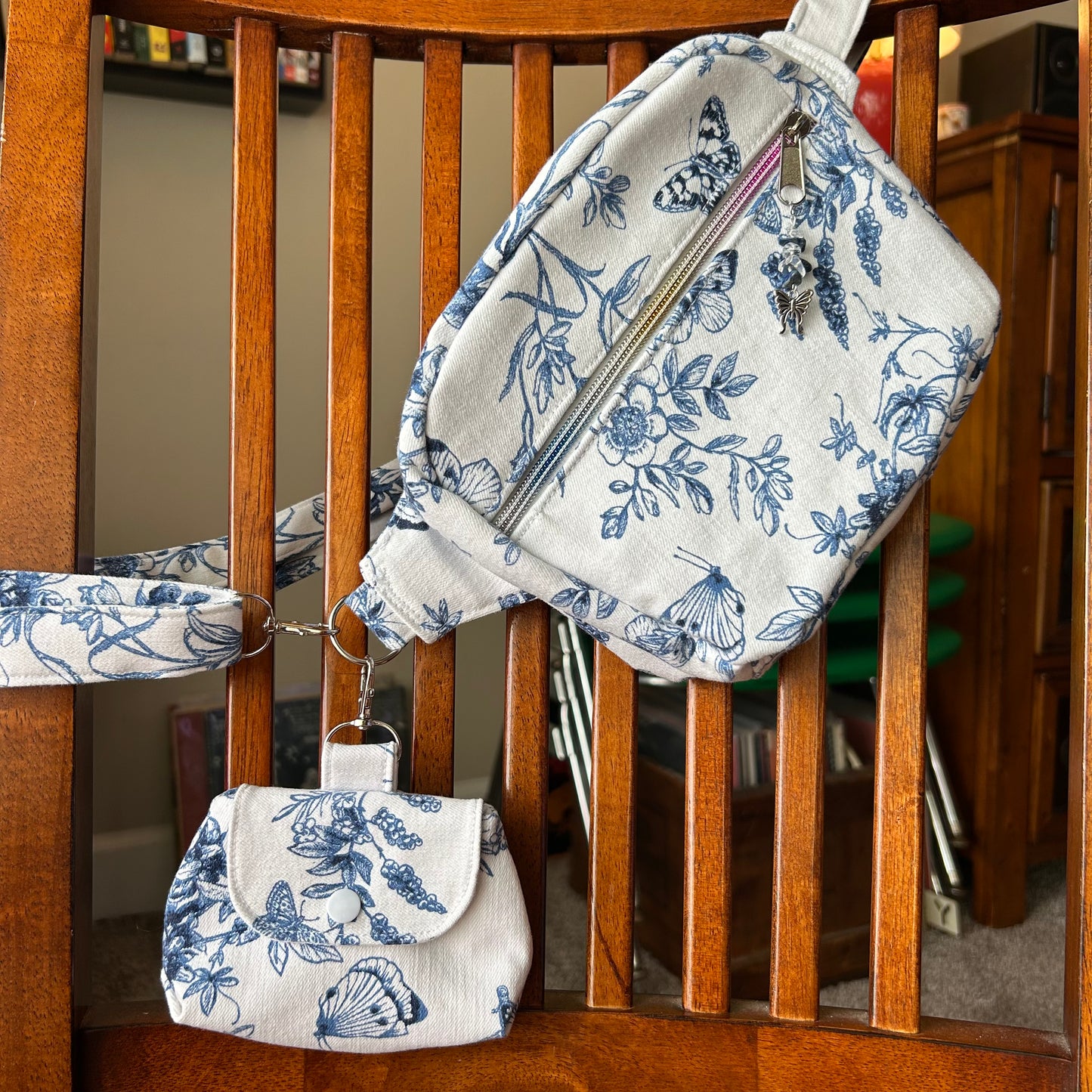 White Denim Floral Butterfly - Clip-On Mini Pouch